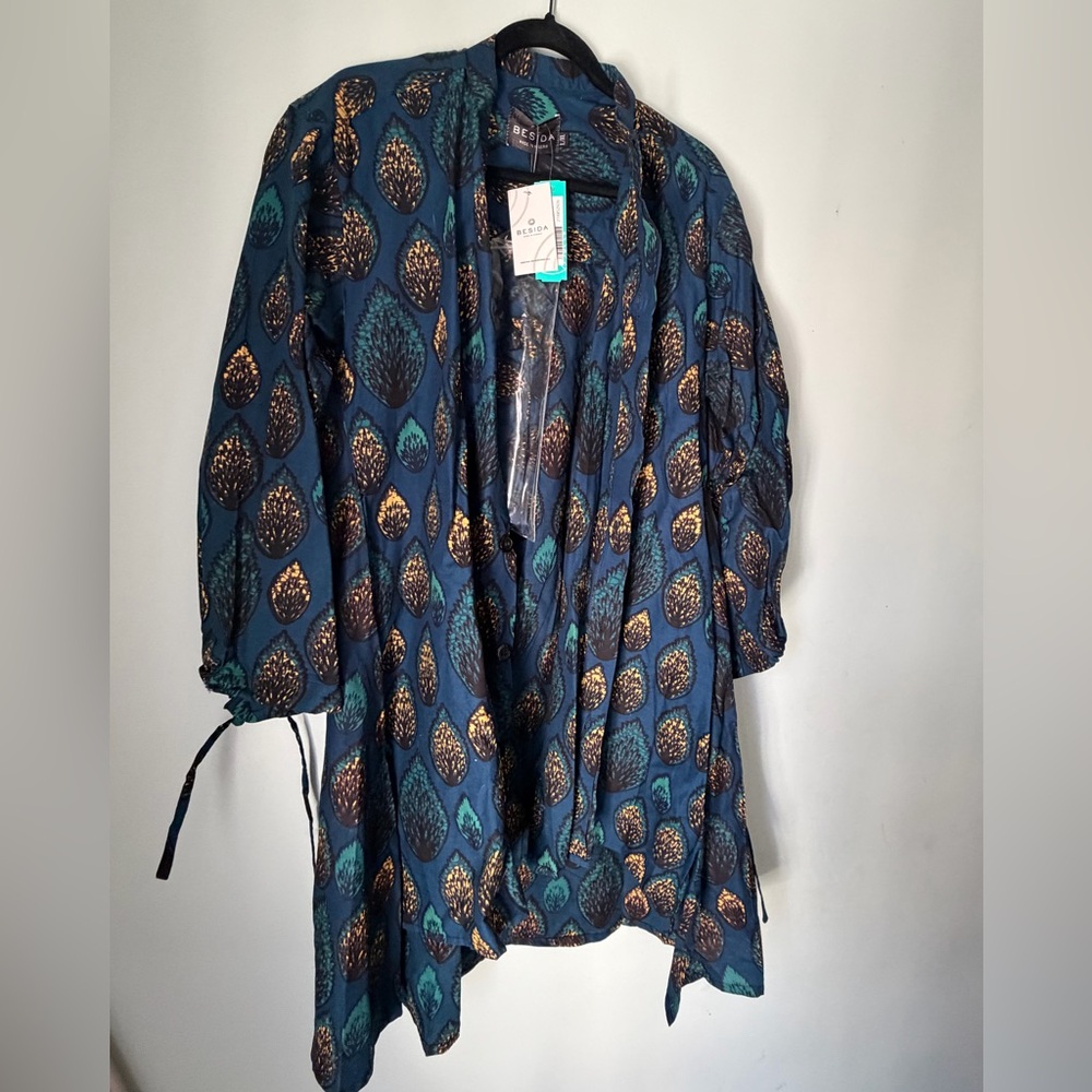 Besida Blue African Print Cotton Shirt Dress NWT Made in Nigeria Boho Midi